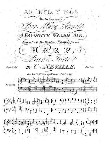 Folk Songs - All Through the Night - For Harp or Piano (Neville) - Score