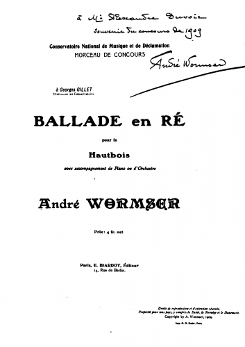 Wormser - Ballada for Oboe and Piano - Piano Score and Part