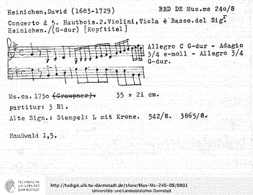Heinichen - Oboe concerto in G major, SeiH 216 - Score