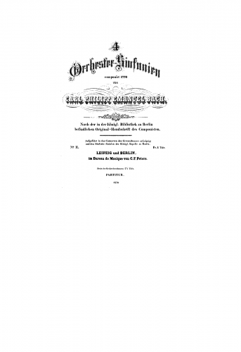 Bach - Symphony, Wq.183/2 (H.664), E-flat major - Scores - Score