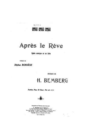 Bemberg - Après le rêve - Vocal Score - Score