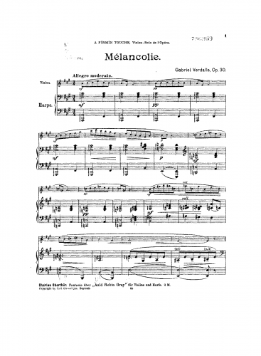 Verdalle - Mélancolie, Op. 30 - Score