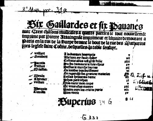 Attaingnant - Six gaillardes et six pavanes avec treze chansons musicales