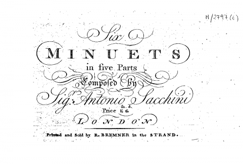 Sacchini - 6 Minuets in 5 Parts - Score