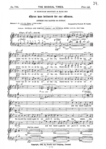 Lloyd - Christ was delivered for our offences - Vocal Score