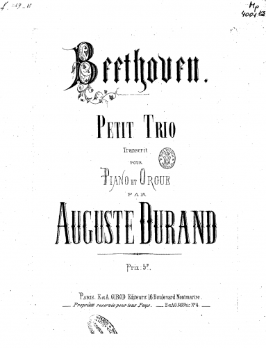 Beethoven - Allegretto for Piano Trio - For Piano and Organ (Durand)