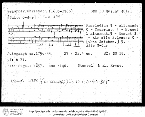 Graupner - Partita in G major, GWV 142 - Score