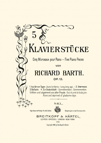 Barth - 5 Klavierstücke, Op. 13 - Score