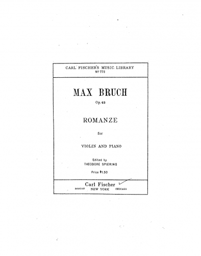 Bruch - Romanze for Violin and Orchestra - For Violin or Viola and Piano (Composer)