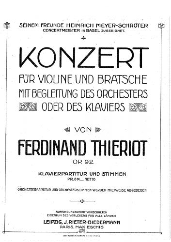 Thieriot - Konzert für Violine und Bratsche mit Begleitung des Orchesters oder des Klaviers - For Violin, Viola and Piano (Composer)