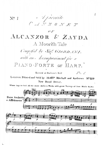 Giordani - A favorite Canzonet of Alcanzor and Zayda, A Moorish Tale - Score