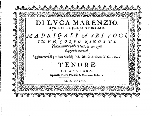 Marenzio - Madrigali a sei voci - Complete Madrigals - Tenore part