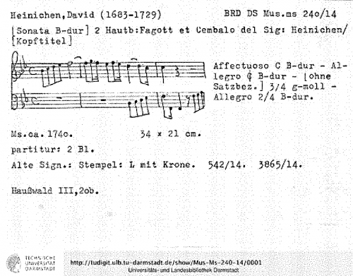 Heinichen - Trio Sonata in B-flat major, SeiH 257 - Score