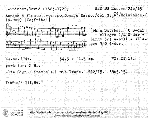 Heinichen - Trio Sonata in G major, SeiH 243 - Score