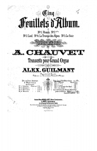 Chauvet - 5 feuillets d'album - For Organ solo (Guilmant) - Score