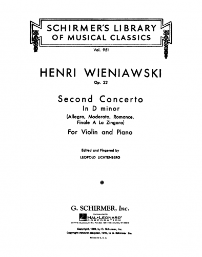 Wieniawski - Violin Concerto No. 2 - For Violin and Piano (Composer)