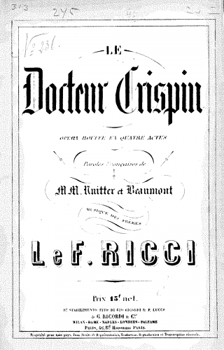 Ricci - Crispino e la comare / Le docteur Crispin - Vocal Score Revised French version, ''Le docteur Crispin'' (1866) - Score