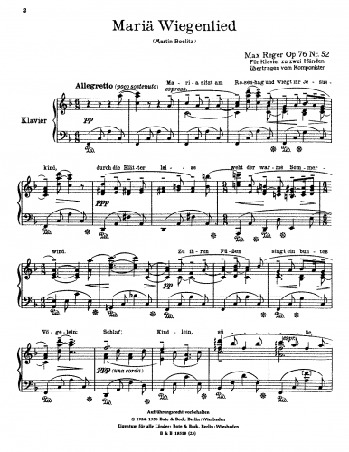 Reger - Simple Songs, Op. 76 - No. 52. Mariä Wiegenlied For Piano solo (Composer) - Score