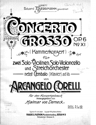 Corelli - Concerti Grossi con duoi Violini e Violoncello di Concertino obligati e duoi altri Violini, Viola e Basso di Concerto Grosso ad arbitrio, che si potranno radoppiare - Concerto No. 8 in G minor - Score