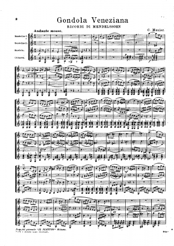 Munier - Gondola Veneziana Op. 193, Ricordi di Mendelssohn - Venezianisches Gondellied (No. 6) For 2 Mandolins, Mandola and Guitar (Munier) - Score