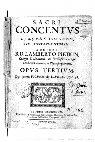 Pietkin - Sacri concentus 2, 3, 4, 5, 7 & 8 tum vocum, tum instrumentorum... opus tertium - Score