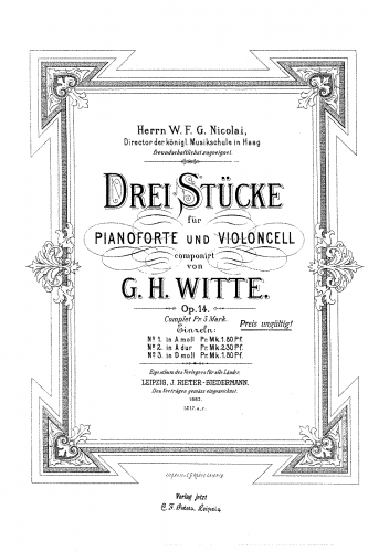 Witte - Drei Stücke für Pianoforte und Violoncell - Score