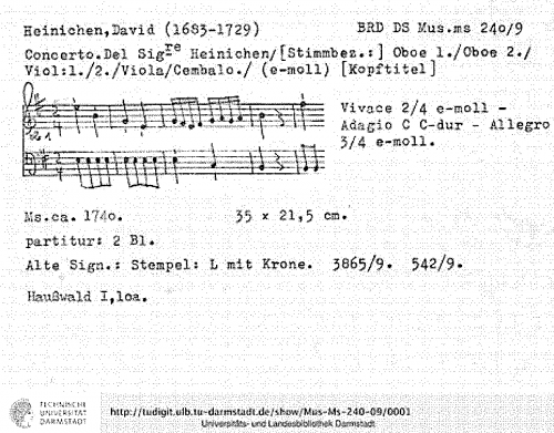 Heinichen - Concerto for 2 Oboes in E minor, SeiH 222 - Score