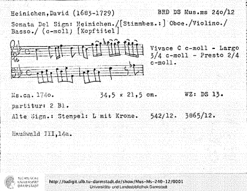 Heinichen - Trio Sonata in C minor, SeiH 258 - Score