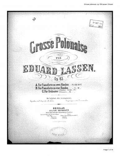 Lassen - Grosse polonaise, Op. 63 - Original version (Piano) - Piano Score