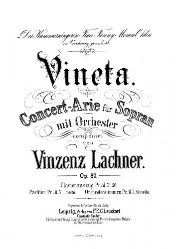 Lachner - Vineta, Op. 80 - Vocal Score - Score