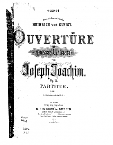 Joachim - Elegiac Overture 'In Memoriam Heinrich von Kleist', Op. 13 - Full Score