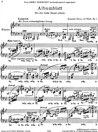 Horn - Zwei Clavierstücke  für die linke Hand allein - complete score
