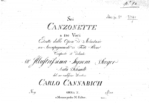 Cannabich - 6 Canzonette a 3 Voci, Estratte dalle Opere di Metastasio con Accompagnamento di Forte Piano - Score