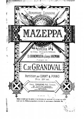 Grandval - Mazeppa - Vocal Score - Score