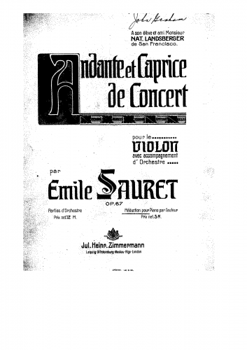 Sauret - Andante et caprice de concert, Op. 67 - For Violin and Piano
