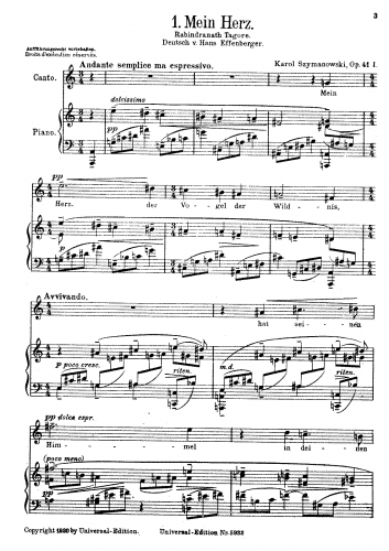 Szymanowski - 4 Gesäge Op. 41 aus "Der Gartner" von Rabindranath Tagore - Score