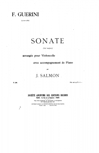 Guerini - 6 Violin Sonatas - Sonata in G major (No. 2) For Cello and Piano (Salmon)