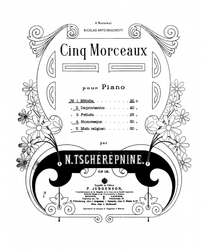 Tcherepnin - Cinq morceaux, Op. 18 - Score