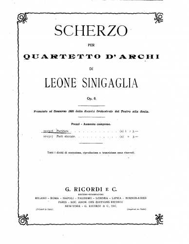 Sinigaglia - Scherzo for String Quartet, Op. 8 - Score