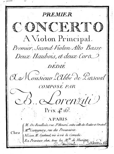 Lorenziti - Premier concerto a Violon Principal, Premier second violon, alto basse Deux Hautbois et Deux cors
