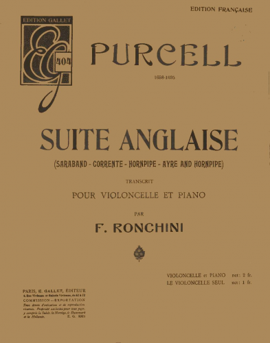 Purcell - Suite Anglaise (Ronchini's title) - Scores and Parts Arrangements and transcriptions For cello and piano (Ronchini)