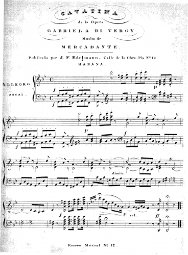 Mercadante - Gabriela di Vergy - Cavatina For Piano solo - Score