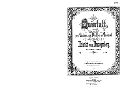 Herzogenberg - String Quintet, Op. 77 - Scores - Score