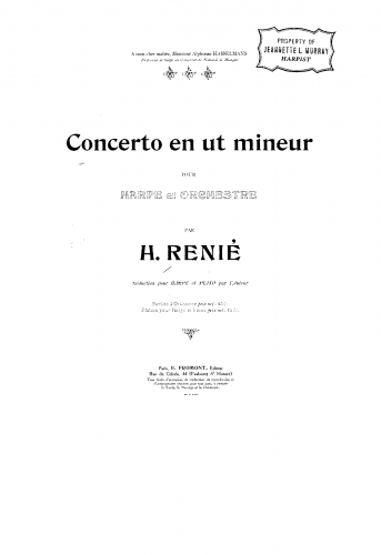 Renié - Harp Concerto - For Harp and Piano (Composer) - Piano Score