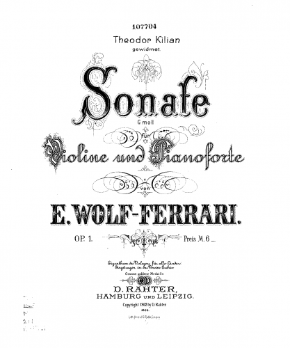 Wolf-Ferrari - Violin Sonata No. 1, Op. 1 - Score