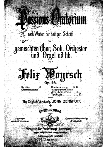 Woyrsch - Passions-Oratorium nach Worten der Heiligen Schrift, Op. 45 - Vocal Score - Score