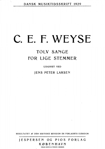 Weyse - 12 Songs for Equal Voices - Score
