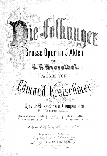 Kretschmer - Die Folkunger - Vocal Score - Score
