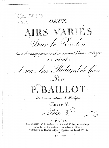 Baillot - Deux airs variés pour le Violon avec accompagnement d'un second violon et basse - Air d'Handel