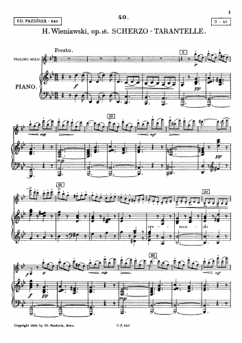 Sev?ík - School of Interpretation for the Violin - Scores and Parts No. 40 Scherzo - Tarantelle (Wieniawski) - Piano score, violin with 2nd violin, and exercises